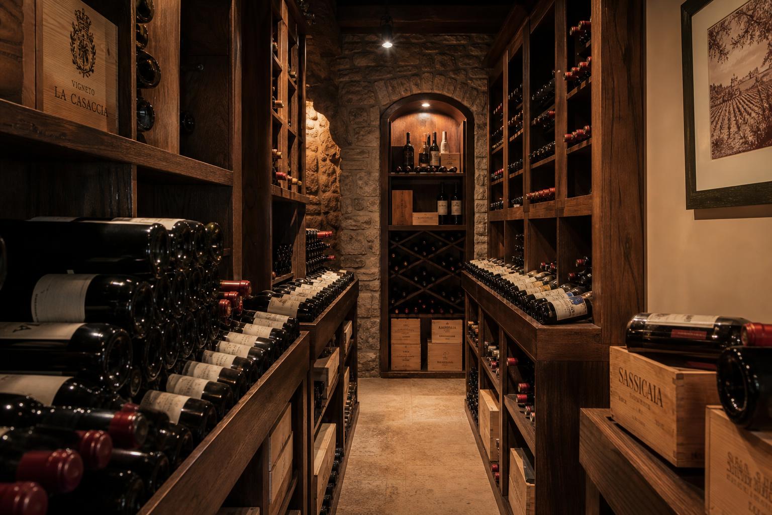 Vintage wine bottle resting in a candlelit cellar